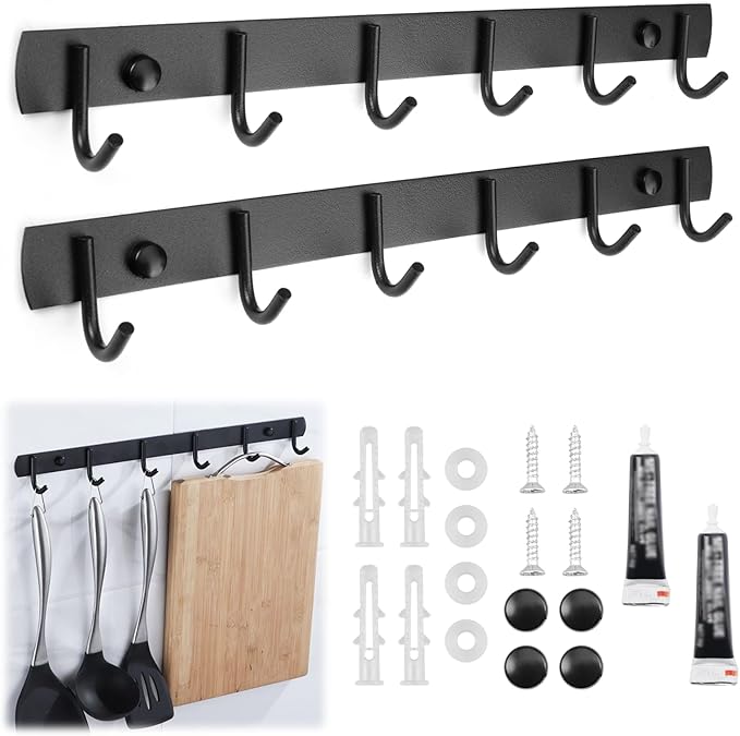 2 Pack Coat Rack Wall Mount, 12.6 in Wall Hooks for Hanging, 6 Coat Hooks for Hanging Coats Hats Towels Keys and Bags, Closet and Entryway Hanger for Bathroom Bedroom Kitchen (Black)