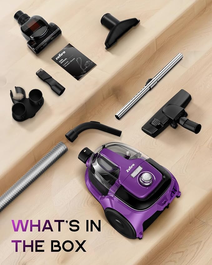 Zefiro Canister Vacuum Cleaner, Bagless Canister Vacuum for Home, Powerful Suction, Auto Cord Rewind, HEPA Filter, Corded Vacuum for Hard Floors, Carpet, Pet Hair, Apartment/Rental Friendly(Purple)