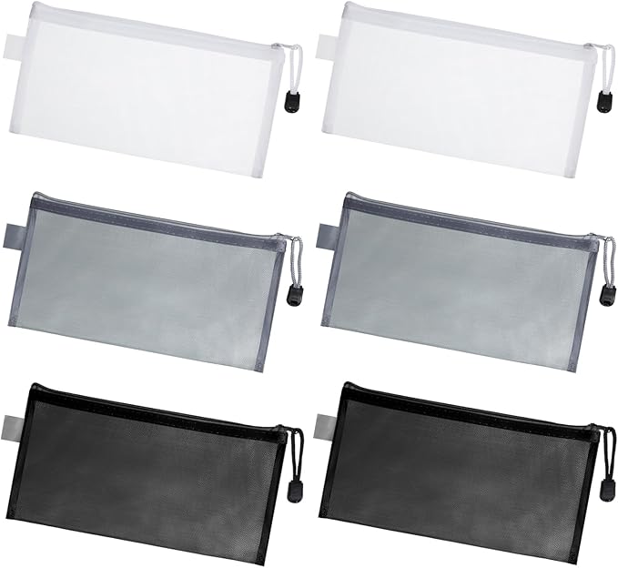 6 PCS Mesh Zipper Makeup Pouch Bags, Nylon Mesh Zipper Cosmetic Bags, Portable Travel Makeup Brush Pouches for Purse Toiletry Bag Organizer Case Diaper (Black, White, Gray)