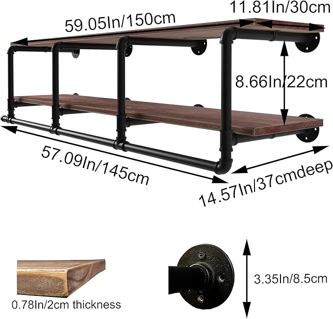 60In Industrial Pipe Clothing Rack with Top Shelf, Space-Saving Wall Mounted Clothes Rack 2 Tiers Pipe Shelves, Shelf with Hanging Rod for Laundry Room, Closet Storage