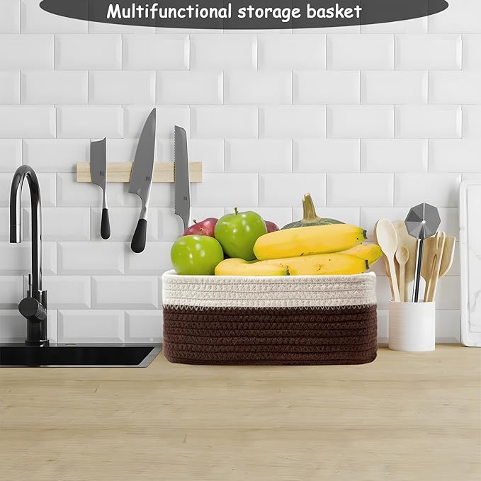 COMFY-HOMI 11.5"x7.5"x4.7" Storage Baskets for Organizing | Cotton Rope Woven Basket | Toy Storage Bin Box | Basket for Shelves, Closet Organizer Bin, Decorative Closet Shelf, 1 Pack,dark brown/white
