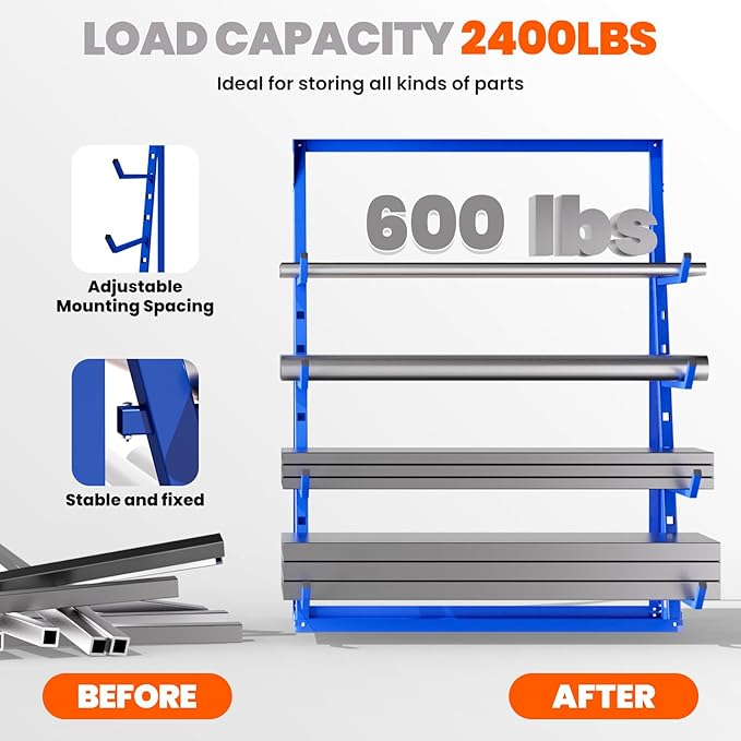 48x16x62'' Heavy Duty 4 Tiers Horizontal Lumber Storage Rack, 2400lbs Load Alloy Steel Lumber Pipe Organizer Shelf, Adjustable Bar Storage Cantilever Rack for Garage Workshop, Woodworking Shop