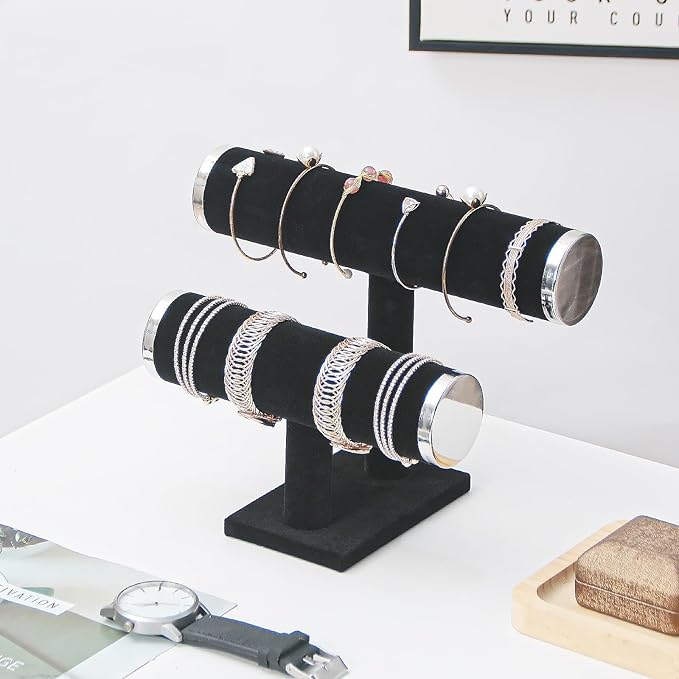 2 Tier Bracelet Holder Stand, Bangle Watches Display, Velvet Bracelet Jewelry Storage Organizer Rack, Hairband Scrunchie Show Tower Shop Selling or Home Use (Black)