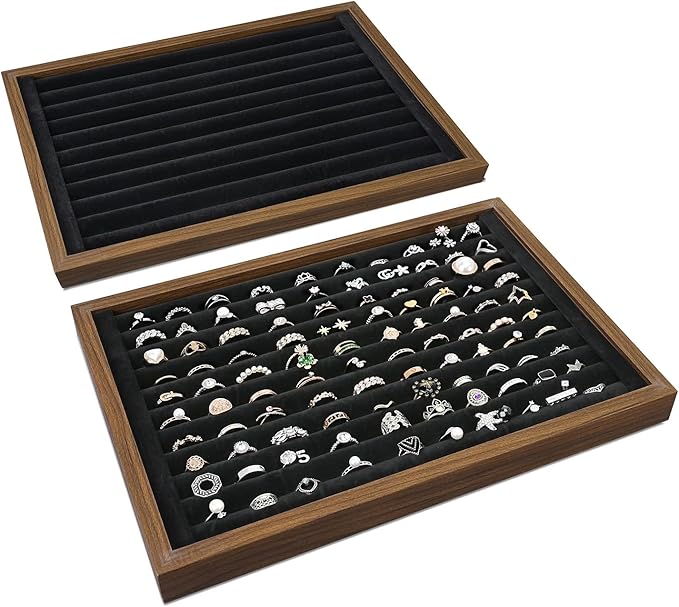 MOOCA 2 Pcs Wooden Ring Display Tray Set with Black Suede Lining, Ring Organizer for Jewelry Storage and Display, Walnut Color, 14W x 9.7D x 1.2H in
