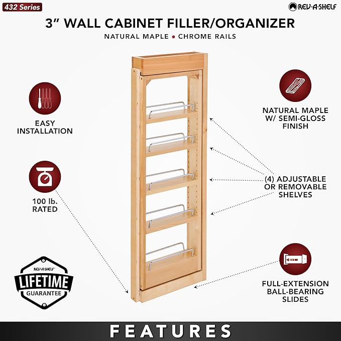 Rev-A-Shelf 3"W x 33"H Pull Out Quad Shelf Organizer for Wall & Base Kitchen Cabinets, Full Extension Filler Spice Rack, Adjustable, Wood, 432-WF33-3C