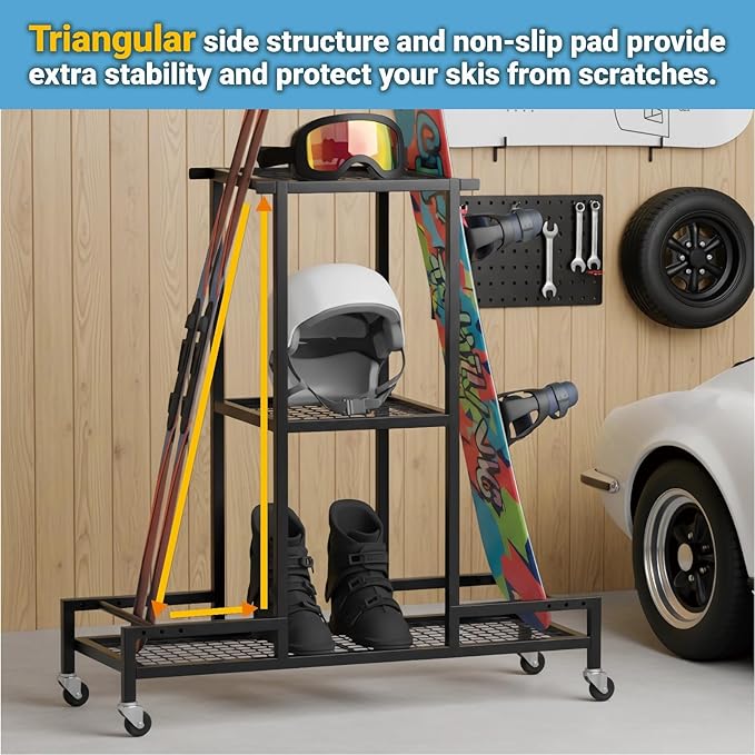 Standing Ski Storage Rack, Holds Snowboards & Skis, 3-Tier Organizer for Gear, Black - Ski Rack for Garage