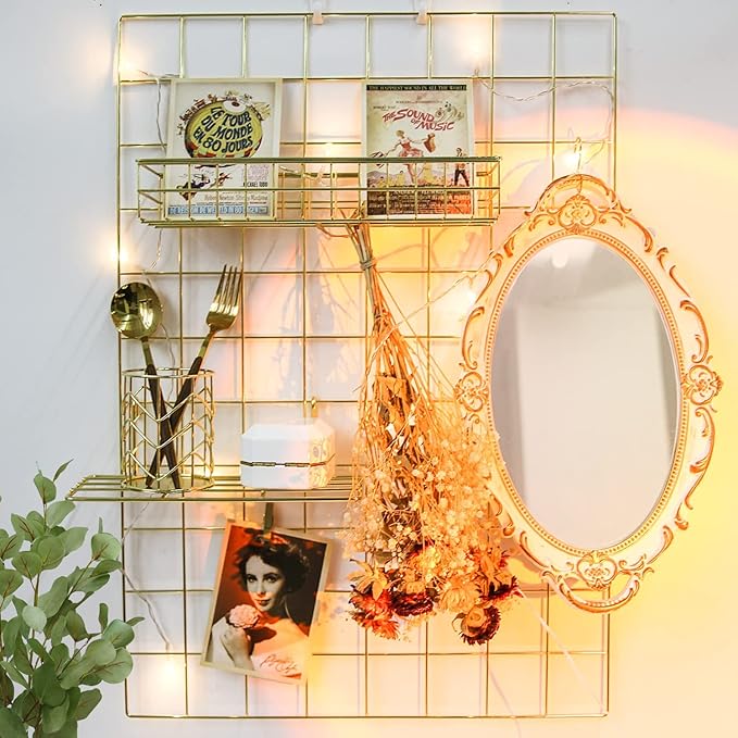 Grid Wire Board,for Memo Picture Panel Wall Decoration for Room Office Mat Photo Hanging Art Display Frames Desk Storage Organizer,17.3" x 11.8"(2Pack) (Gold)