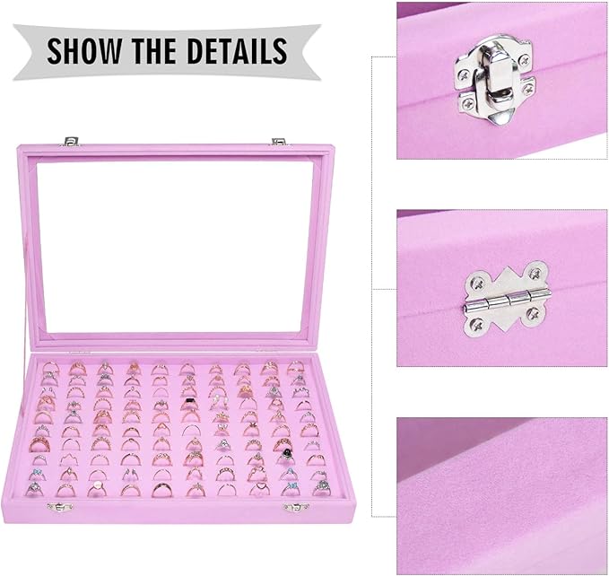 Velvet Ring Display Tray Organizer Box with Transparent Lid, 100 Slot Ring Holder Showcase For Store Display Jewelry Show Home, Pink