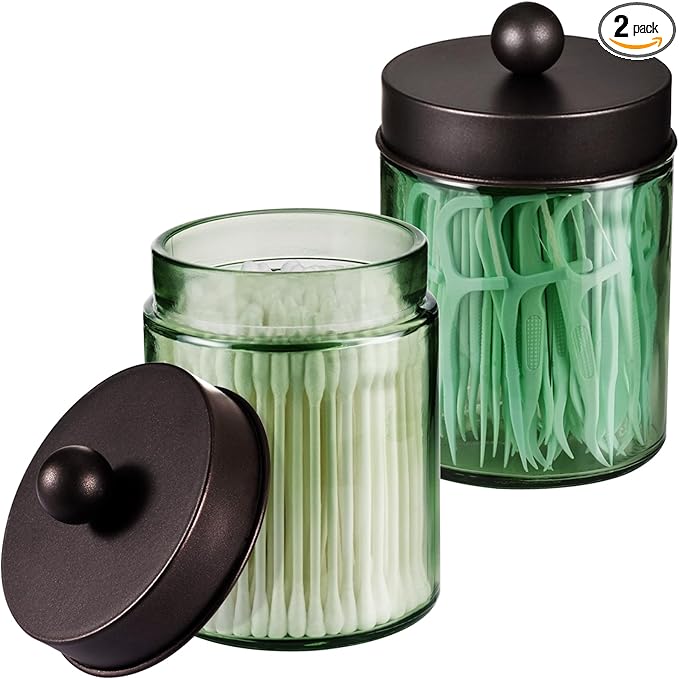 Amolliar Sage Green Qtip Holder, Glass ApothecaryJar Metal Lid & Stickers, Bathroom Qtip Holder Storage Canister, Farmhouse Decor for Cotton Balls, Swabs, Makeup Pads, Bath Salt, Floss, Bronze 2 Pack