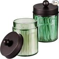 Amolliar Sage Green Qtip Holder, Glass ApothecaryJar Metal Lid & Stickers, Bathroom Qtip Holder Storage Canister, Farmhouse Decor for Cotton Balls, Swabs, Makeup Pads, Bath Salt, Floss, Bronze 2 Pack