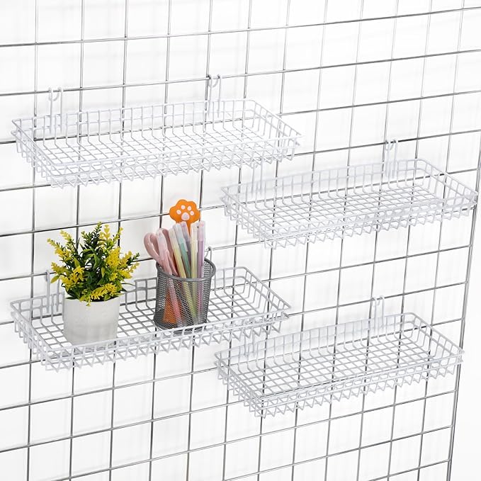 Blulu 4 Pcs 15.75 x 5.91 x 1.97 Inch Metal Grid Wall Baskets with Hooks Grid Wall Shelves Hanging Wire Basket Multi Function Storage Organizer for Kitchen Organizing Display (White)