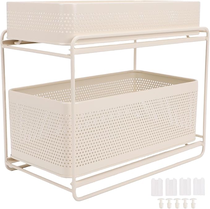 Slide Out Under Sink Organizer, 2 Tier Steel Sink Shelf Cabinet Storage Seasoning Organizer Rack with Guardrails for Kitchen Bathroom Laundry Room Office School