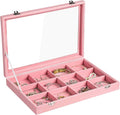Frebeauty Velvet Jewelry Tray,12 Grid Jewelry Organizer with Clear Lid,Bracelets Holder,Jewelry Display Case with Clasp,Drawer Insert Bangle Brooch,13.8 x 9.5 x 2 Inches,Gift for Women Girls(Pink)