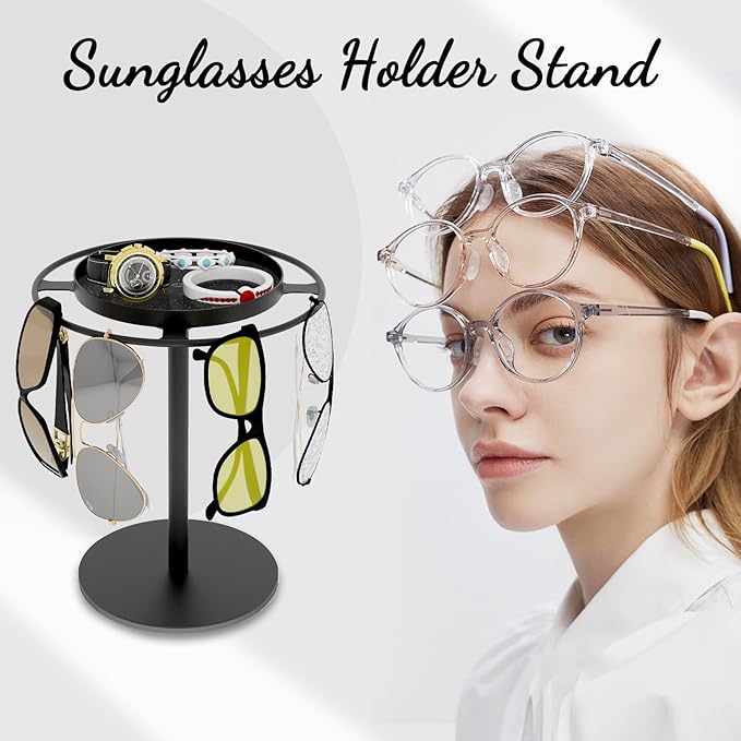 LSK Metal Sunglasses Organizer, Glasses Holder Stand with Storgae Tray, Eyeglasses Holder with Anti-Slip Pads for Tabletop, Desk, Dresser, Matte Black