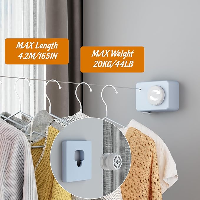 Retractable Clothesline Indoor, Non-Sagging Clothes Line Retracting Outdoors, Wall Mounted Clothes Line Outdoors Set,13.8 Ft Heavy-Duty Retractable Laundry Line,Blue