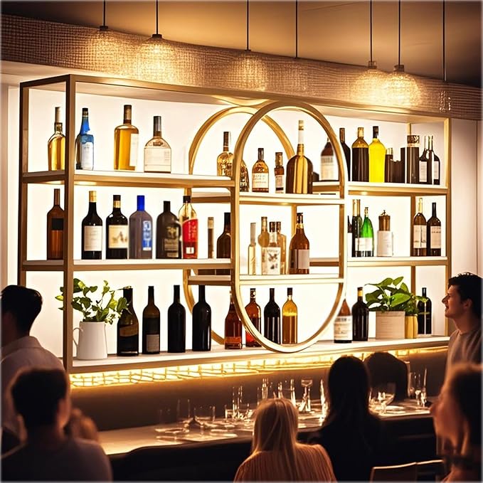 Large Wall Mount Wine Rack, Metal 4 Tier Large Capacity Hanging Bar Rack with Wine Glass Holder, Oval Wine Bottle Storage Display Rack for Kitchen, Living Room, Home (Gold, 47.2in)