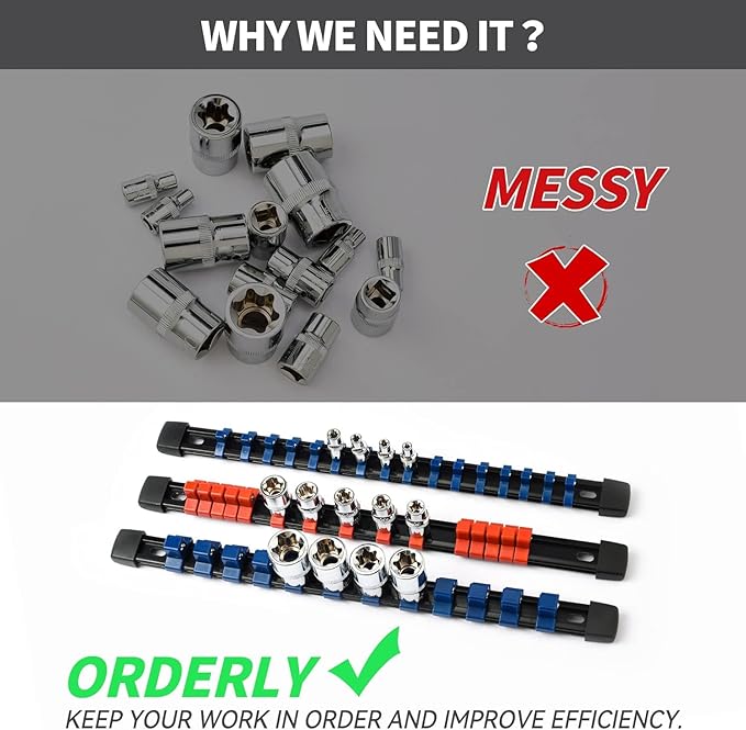 Socket Organizer Drive ABS Tools-Socket Holder, Premium Quality 3 Pieces Holders Kit 1/4-Inch x 16 Clips, 3/8-Inch x 15 Clips, 1/2-Inch x 12 Clips