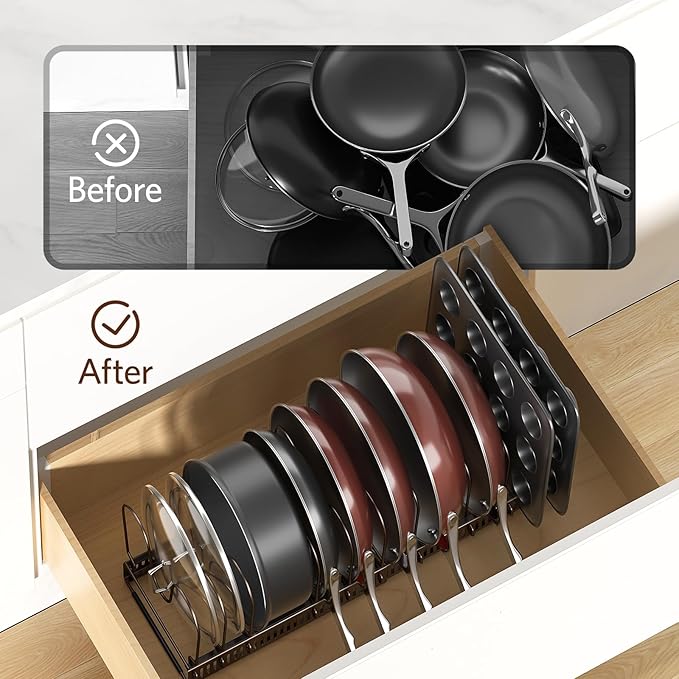 ORDORA Pots and Pans Organizer under Cabinet with Pan Holder: Expandable 11.8"-22.8" Kitchen Cabinet Organizer Rack, 12 Adjustable Dividers Storage for Cookie Sheets, Cutting Boards & Lid, Bronze