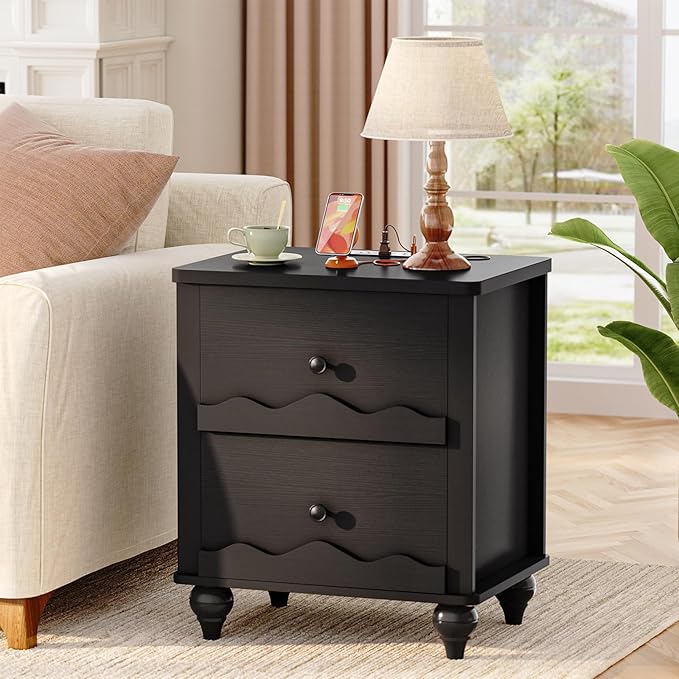 Cyclysio Nightstand with Charging Station, Side End Table with 2 Drawers, Modern Wood Night Stand with Scalloped Pattern for Bedroom, Bedside Night Tables with Solid Wood Gourd Legs
