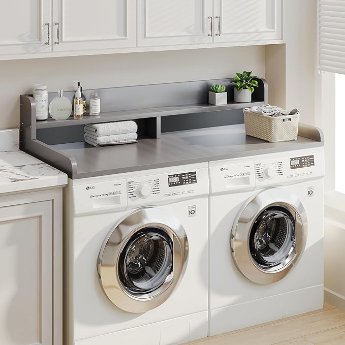 2-Tier Washer Dryer Countertop with 2.75" H Edge Rails, 58" W x 28" D Laundry Countertop for Folding Clothes, Washer and Dryer Topper with Non-Slip Pad (Gray)