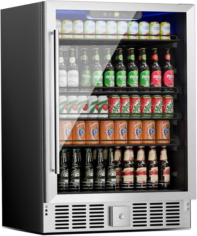 5.3 Cu Ft/166 Can Mini Fridge, Freestanding 24 Inch Beverage Refrigerator with Glass Front Door for Soda, Beer Under Counter Drink Refrigerator with Adjustable Shelves(Silver)