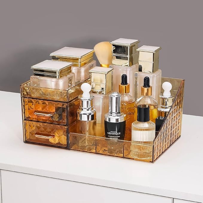 Clear Makeup Organizer for Vanity,Desk Makeup Caddy With Drawers for Cosmetics,Lipsticks Nail Care Skincare Jewelry Countertop Organizers,Cosmetic Display Cases for Bathroom, Dresser (Amber)