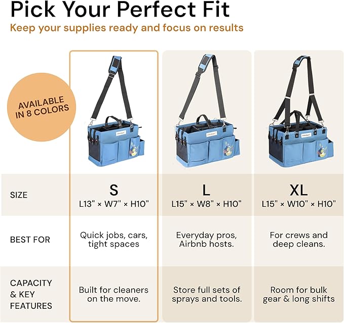 FifthStart Multiuse Cleaning Caddy with Waist, Shoulder Strap 9 Pockets, Mesh Base & Adjustable Compartments - Cleaning Caddy - Cleaning Supplies Organizer (Blue, Small)
