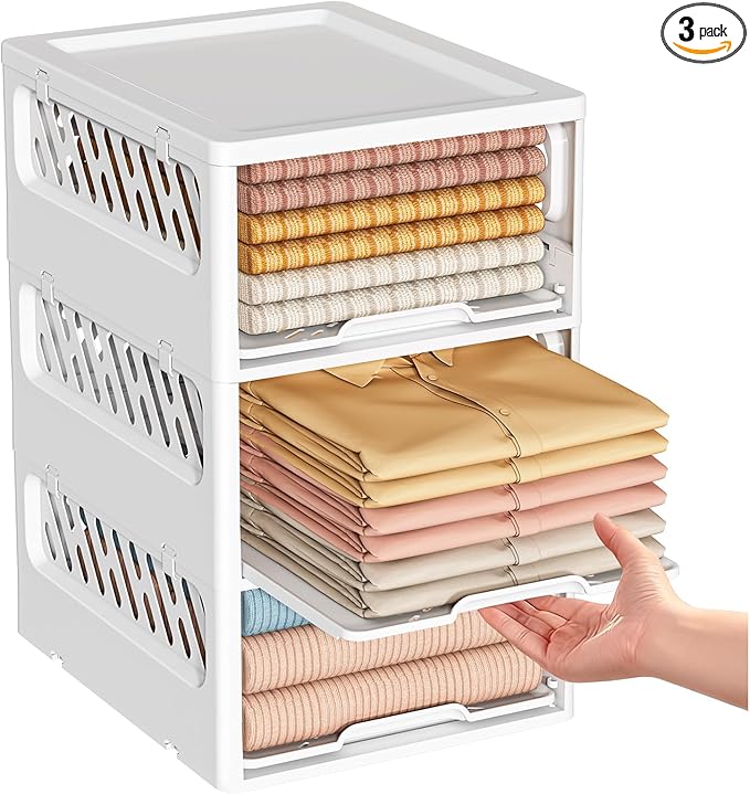 3 Pack Stackable Closet Storage Basket - Stackable Storage Bins, Multifunctional & Foldable Closet Organizer Divided, Wardrobe Cupboard Space-Saving Clothes Storage Hat Organizer, White