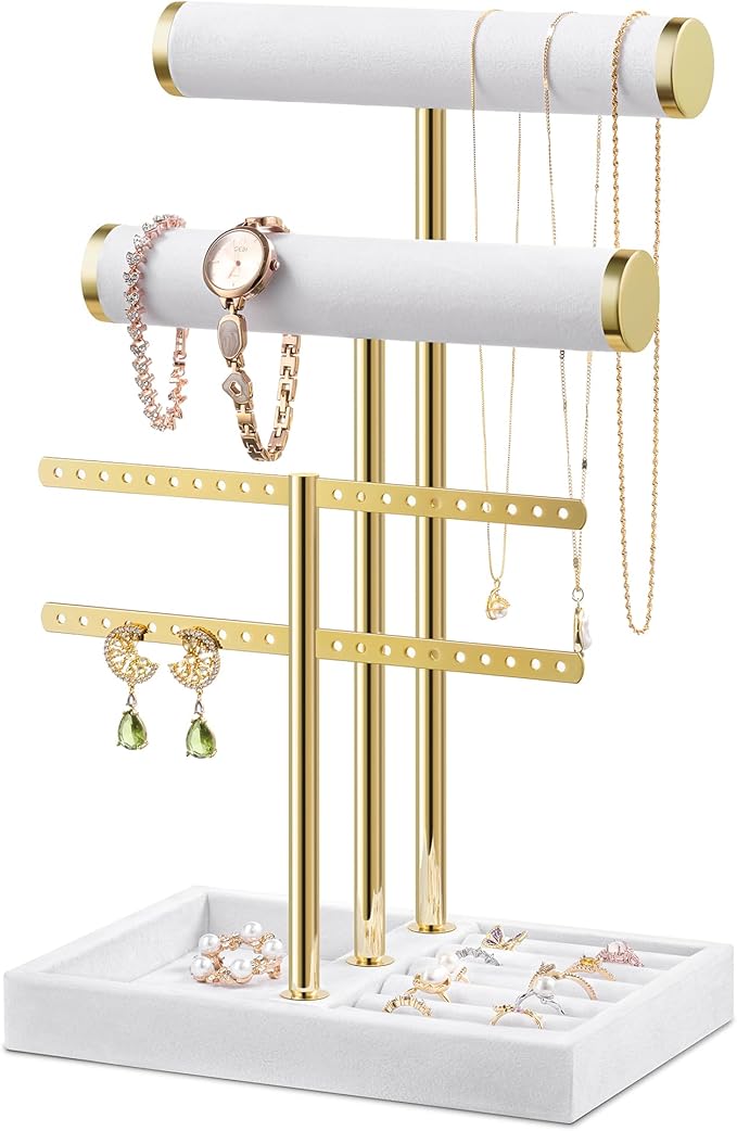 Bracelet Holder Jewelry Organizer Display - 3 Tier T Bar Velvet Stand, Black Jewelry Storage for Bracelet, Necklaces, Earrings, Rings, Watches
