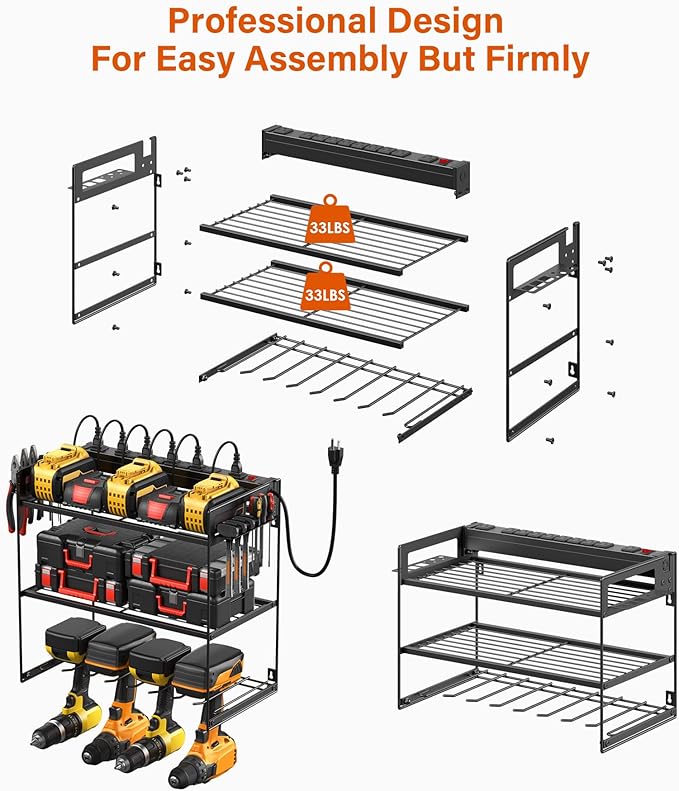 JUNNUJ Power Tool Organizer with 10 Outlet Power Strip, 3 Layer Wall Mount Drill Holder with Charging Station, 4 Drills Storage Shelf Shop Garage Utility Rack, Black