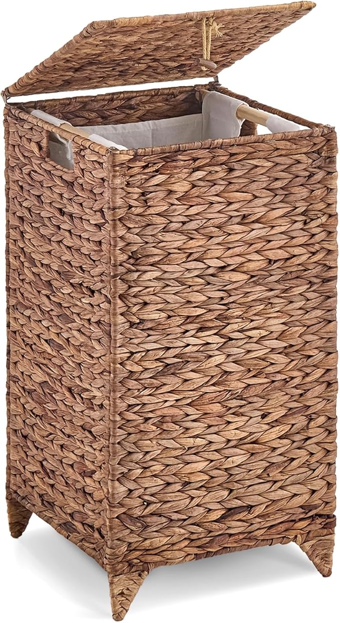 Handwoven Laundry Hamper with Lid, Natural Water Hyacinth Heightened Feet Laundry Basket, Wicker Clothes Hamper with Removable Liner Bag