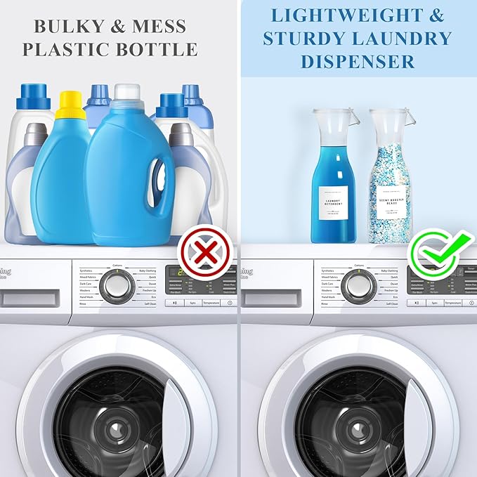 Laundry Detergent Dispenser Bottle 40oz with Waterproof Label for Laundry Detergent Soap Fabric Softener Bleach Scent Booster Beads, Sturdy PET Bottle for Laundry Room Decor 2 Pack White
