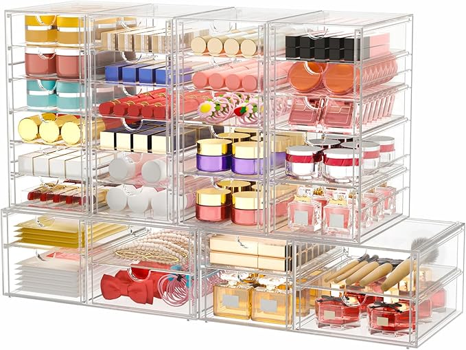 Makeup Organizer Storage With 16 Drawers, 4 Pcs Desktop Office Supplies, Desk Organizers, Clear Accessories, Dustproof Drawer and for Make Up, Jewelry, Pen, Stationary
