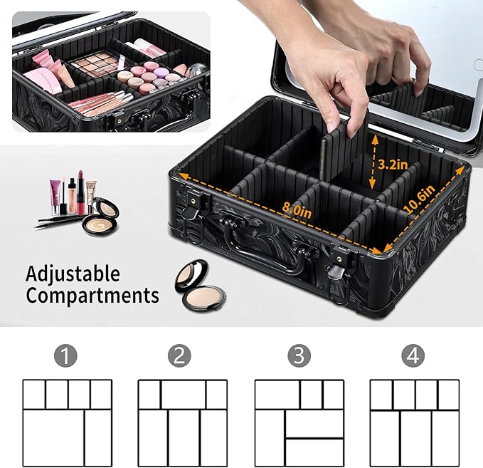 Makeup Case with LED Mirror - Black Fluid-Color Makeup Box with Detachable Lighted Mirror, Travel Cosmetic Train Case Organizer with Adjustable Dividers and Tool Panel for Brushes