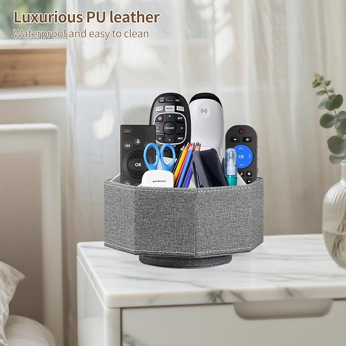 Swivel Remote Control Holder, 9 Rooms Desk Organizer and Decorations for Living Room, Leather Bedside Storage Caddy for TV Controllers/ Makeup Brush Pen/ Office Stationery/ Art Supplies/ Eyeglasses