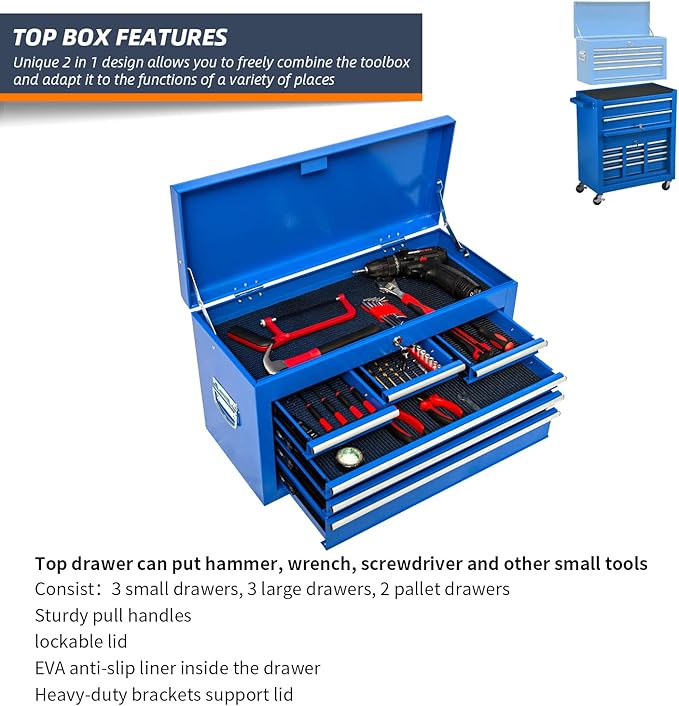 8-Drawer High Capacity Rolling Tool Chest, Removable Cabinet Storage Tool Box with Wheels and Drawers, Detachable Toolbox with Lock for Workshop Mechanics Garage