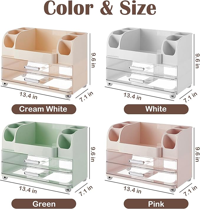 Large Makeup Organizers Countertop for Vanity, Bathroom Make Up Storage with Brush Holder, Cosmetic Display Case with 2 Drawers for Skincare,Lipstick (Green)