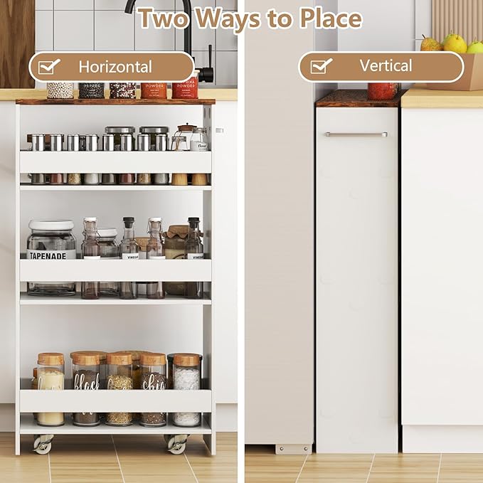 Slim Rolling Storage Cart, 4 Tier Narrow Kitchen Cart with Wheels, Between Washer and Dryer Cart, Wood Shelving Unit Organizer w/Handle for Small Spaces (White & Rustic Brown, 8-Inch)