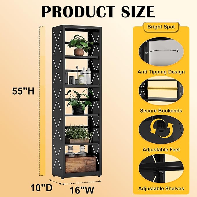 Narrow Bookshelf,5 Tier Bookcase,55" Black Metal Small Bookshelf with Adjustable Feet and Adjustable Shelves,Home Office Bookcase Shelf Storage Organizer for Living Room、Kitchen
