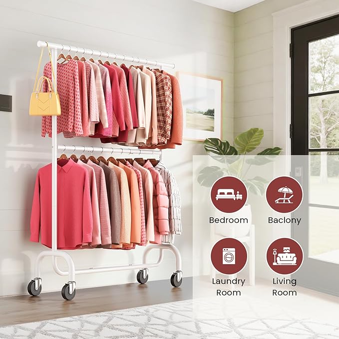 Heavy Duty Clothes Rack Load 600 LBS, Rolling Clothing Rack for Hanging Clothes with Lockable Wheels, Double Rod Garment Rack for Bedroom, Laundry, Living Room, White