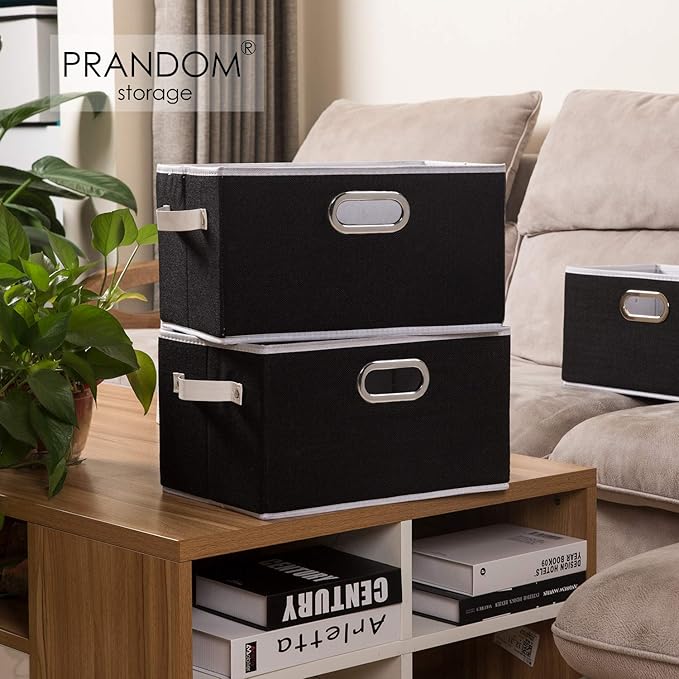PRANDOM Large Collapsible Storage Bins for Closet [3-pack] Decorative Fabric Storage Baskets Cubes with Leather/Metal Handles for Shelves Bedroom Living Room Black (14.9x9.8x8.3 Inch)