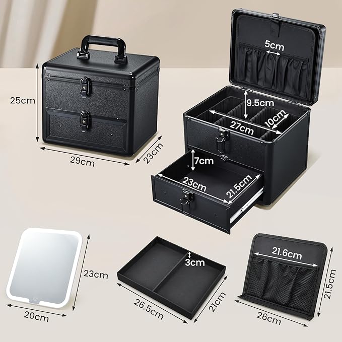 Makeup Case with Drawer, Detachable Lighted LED Mirror, Makeup Organizer Box Travel Make up Vanity Case Portable Cosmetic Train Case for MUA Lockable Makeup Suitcase with Adjustable Dividers