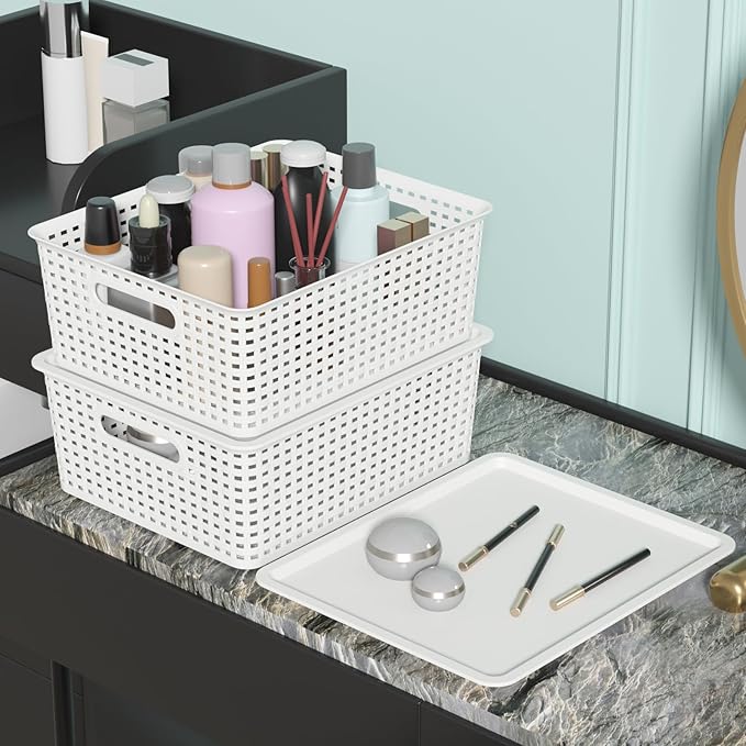 Hespama 6-Pack Plastic Weave Storage Basket with Lid, Stackable Organizer Basket, White
