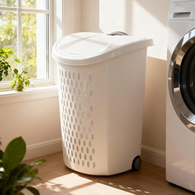 Large Capacity Laundry Basket with Wheels and Telescopic Handle - Ventilation Holes for Freshness - Portable Laundry Hamper for Apartments Dorm Rooms - White