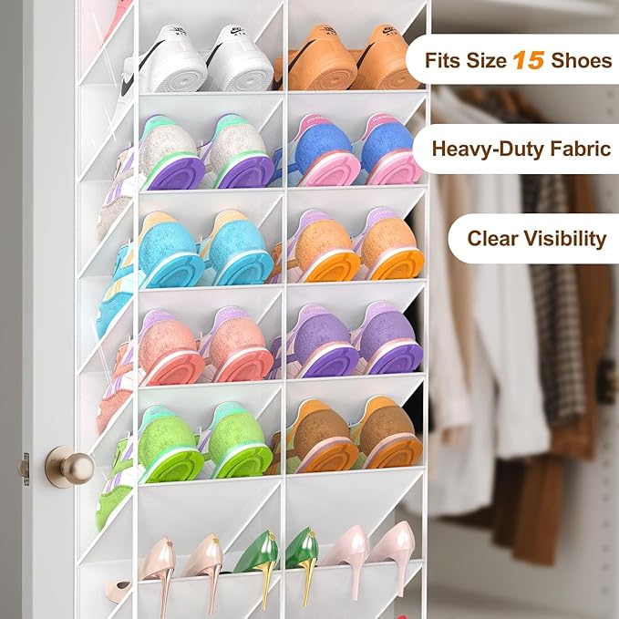 30 Pairs Over the Door Shoe Organizer, Clear Pockets Hanging Shoe Storage for Closet, 10-Tier Door Shoes Rack Storage, Handing Shoes Holder Fit All the Family's Sneakers, Boots, Heels, White