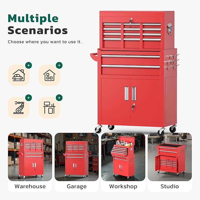 Greenvelly Tool Chest, 8-Drawer Rolling Tool Chest with Hooks and Lockable Wheels,Metal Storage Detachable Top Tool Box with Lockable Wheels for Garage,Workshop,Art Studio(Red)