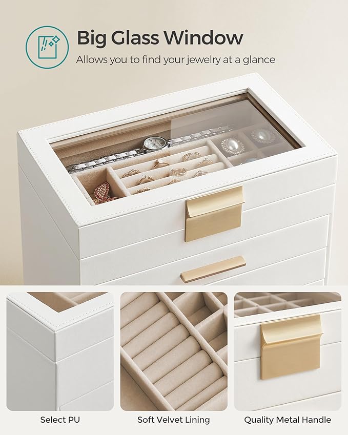 SONGMICS Jewelry Box Organizer with Glass Lid, 6-Layer Jewelry Storage, with 5 Drawers, Modern Style, Christmas Gift, 6.4 x 9.9 x 11.4 Inches, Cloud White and Gold Color UJBC171W01