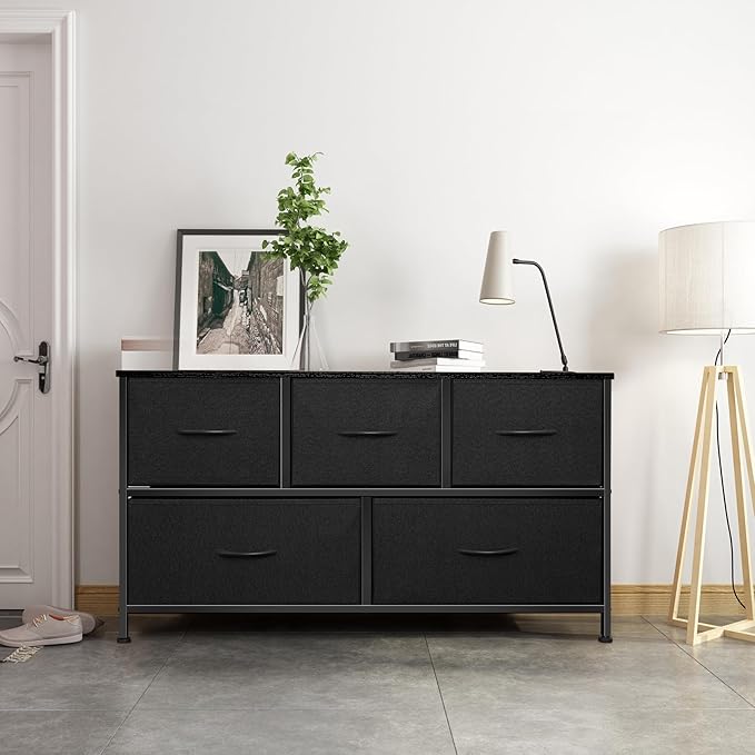Dresser for Bedroom with 5 Drawers, Chest of Drawers, Storage Drawers Organizer Unit, Black Wide Fabric Dresser with Fabric Bins for Closet, Living Room, Bedroom (Charcoal Black)