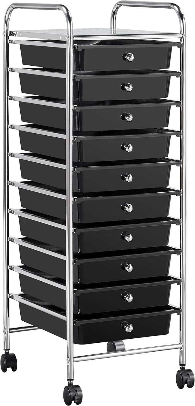Yaheetech Rolling Cart Organizer Plastic Trolley with 10 Storage Drawers Utility Cart on Wheels Art Craft Organizer Ample Storage Space, Black