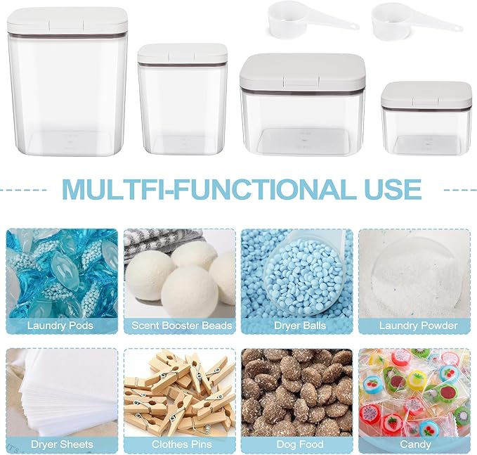 4 Pack Stackable Laundry Pods Container & Dryer Sheet Holder with Pop-Up Lids & Labels, Sealing Laundry Room Organization and Storage Jars for Powder, Scent Bead, Dryer Balls